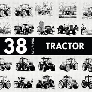 Könnte beinhalten: Eine Sammlung von 38 Schwarz-Weiß-Illustrationen von Traktoren in verschiedenen Stilen. Das Wort "TRACTOR" wird in fetten weißen Buchstaben auf schwarzem Hintergrund angezeigt. Die Bilder sind im SVG- und PNG-Format.