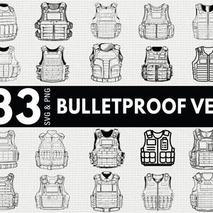 Puede incluir: Una colección de 33 ilustraciones en blanco y negro de chalecos antibalas en varios diseños. El texto "33 Bulletproof Vest SVG & PNG" se muestra en una fuente blanca y en negrita sobre un fondo negro.