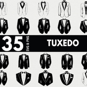May include: A collection of 35 tuxedo illustrations in SVG and PNG formats. The tuxedos are depicted in black and white, showcasing various styles with bow ties and lapel designs. The word "TUXEDO" is displayed in bold white text.