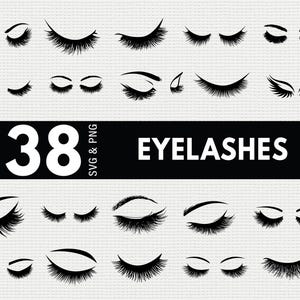 Puede incluir: Una colección de 38 diseños de pestañas negras en varios estilos, incluyendo formas de ojos cerrados y abiertos, con la palabra "EYELASHES" en texto blanco sobre una pancarta negra. Imagen digital.