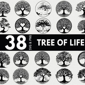 Può includere: Una collezione di 18 disegni dell'Albero della Vita in bianco e nero in vari stili. I disegni includono alberi con centri a forma di cuore, rami dettagliati e cornici circolari. L'immagine include anche il testo "38 SVG & PNG" e "TREE OF LIFE."