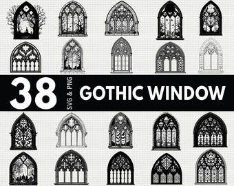 Gotiskt fönster SVG PNG-paket, katedralsilhuett Clipart, hemsökta kyrkor Cricut Cut-filer
