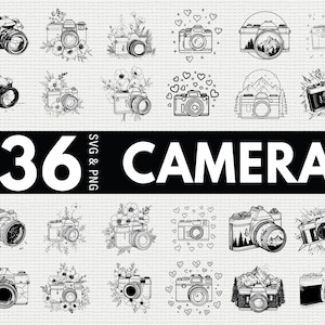 Puede incluir: Una colección de 36 ilustraciones de cámaras en blanco y negro en varios estilos. Algunas cámaras están decoradas con flores, corazones o escenas de montaña. La palabra "CAMERA" se muestra en letras blancas grandes.