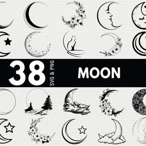 Moon SVG PNG Bundle, Celestial Silhouette Clipart, Boho Lunar Cricut Cut Files, Mystic Night