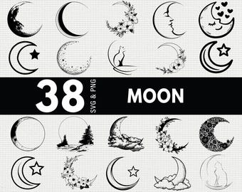 Moon SVG PNG Bundle, Celestial Silhouette Clipart, Boho Lunar Cricut Cut Files, Mystic Night