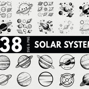 Pode incluir: Ilustrações a preto e branco de planetas, sóis e luas. A imagem inclui 38 arquivos SVG e PNG do sistema solar. Alguns planetas têm anéis e alguns têm óculos de sol. O texto "38 SOLAR SYSTEM" é exibido.