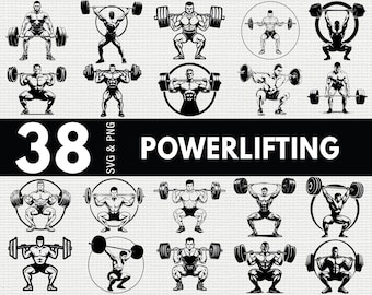 May include: A collection of 38 black and white powerlifting illustrations. The images depict weightlifters in various poses, lifting barbells. The word "POWERLIFTING" is displayed in bold, white text. The images are in SVG and PNG formats.