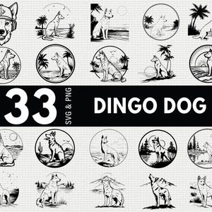 Puede incluir: Una colección de 33 archivos SVG y PNG de Dingo Dog en blanco y negro. Los diseños presentan varias ilustraciones de perros Dingo en diferentes poses y entornos, incluyendo paisajes y marcos circulares.