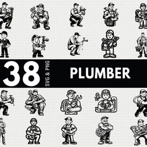 Peut inclure: Illustrations en noir et blanc de plombiers dans diverses poses, tenant des outils et de l'équipement. Le mot "PLUMBER" est affiché en blanc sur un fond noir, avec le nombre "38" et "SVG & PNG" également visibles.