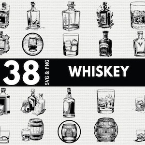 Puede incluir: Ilustraciones en blanco y negro de botellas, vasos y barriles de whisky. La palabra "WHISKEY" se muestra en letras blancas en negrita. El número "38" está encima de la palabra "WHISKEY". La imagen incluye formatos de archivo SVG y PNG.