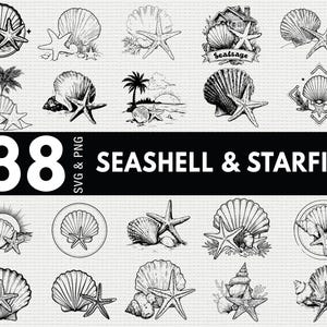 May include: A collection of 38 seashell and starfish illustrations in black and white. The designs include various seashells and starfish, some with beach scenes and decorative elements. The text "38 SVG & PNG" and "Seashell & Starfish" is also present.