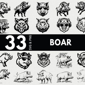May include: A collection of 33 black and white boar illustrations in various poses and styles. Some boars wear sunglasses or headphones. The word "BOAR" is displayed in large white letters on a black background, along with "SVG & PNG" text.