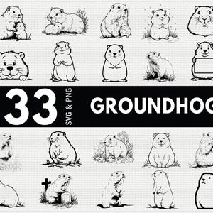 May include: A selection of 33 black and white groundhog illustrations. The images depict groundhogs in different poses, some with their young, and the word "GROUNDHOG" is displayed in large, bold letters.