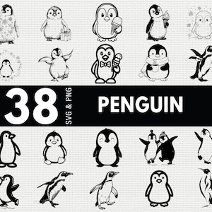 Puede incluir: Una colección de 38 ilustraciones de pingüinos en blanco y negro en varias poses. Algunos pingüinos sostienen helados o regalos. La palabra "PENGUIN" se muestra en letras blancas grandes sobre un fondo negro.