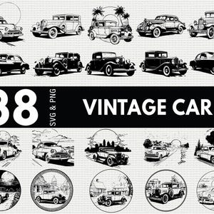 Könnte beinhalten: Schwarz-Weiß-Illustrationen von Oldtimern in verschiedenen Stilen. Das Bild enthält die Zahl "38" und den Text "VINTAGE CAR SVG & PNG". Die Autos sind im klassischen Retro-Stil dargestellt, ideal für Designprojekte.