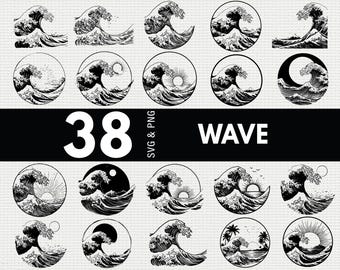Paquete SVG PNG de olas, silueta de olas oceánicas, archivos Cricut de surf de playa, arte vectorial
