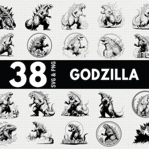 Può includere: Una collezione di 38 grafiche SVG e PNG a tema Godzilla in bianco e nero. Le immagini raffigurano Godzilla in varie pose, alcune all'interno di cornici circolari. La parola "GODZILLA" è ben visibile.