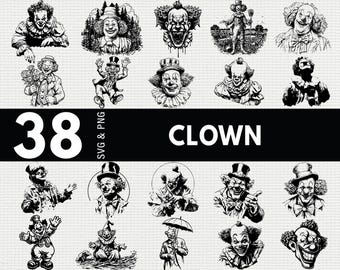 May include: A collection of 38 black and white clown illustrations in various poses and styles. The word "CLOWN" is displayed in bold white text on a black background. The number "38" is also visible in the image.