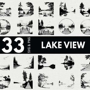 Pode incluir: Uma coleção de 33 designs de vista do lago em preto e branco nos formatos SVG e PNG. As imagens retratam várias cenas à beira do lago, incluindo cais, árvores e cadeiras, perfeitas para projetos de arte digital ou decoração de casa.