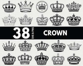 Puede incluir: Una colección de 18 diseños de coronas en blanco y negro de varios estilos. La imagen incluye coronas con detalles ornamentados, elementos florales y una corona con un diseño de bandera estadounidense. También está presente el texto "38 CROWN SVG & PNG".
