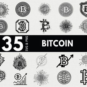 Könnte beinhalten: Eine Sammlung von 35 schwarz-weißen Grafiken zum Thema Bitcoin. Die Designs umfassen verschiedene Bitcoin-Logos, einige mit Leiterplattenmustern, Flammen und Blitzen. Das Wort "BITCOIN" wird in fetter weißer Schrift angezeigt.