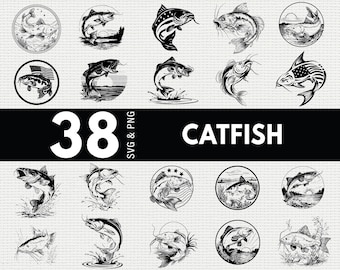 Catfish SVG PNG Bundle, Fishing Silhouette Clipart, Angler Cricut Files, Freshwater Fish Vector