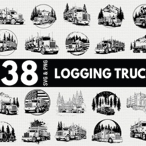 May include: A collection of 38 black and white illustrations of logging trucks. The images include trucks carrying logs, trucks in natural settings, and trucks with American flag designs. The text "38 SVG & PNG LOGGING TRUCK" is also present.