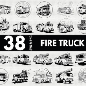 Könnte beinhalten: Sammlung von 38 Schwarz-Weiß-Illustrationen von Feuerwehrautos in verschiedenen Designs. Einige haben Leitern, und einige sind in kreisförmigen Rahmen. Der Text "FIRE TRUCK" und "38 SVG & PNG" sind ebenfalls vorhanden.