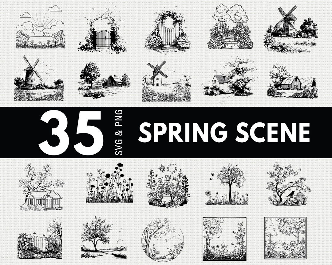 Springtime Frame Svg Spring Scene SVG Bundle, Nature Landscape Silhouette PNG, Floral Meadow ...