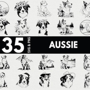 May include: A collection of 35 black and white illustrations of Australian Shepherds, in various poses and settings. Some dogs are wearing floral crowns or hats. The word "AUSSIE" is displayed in large white letters on a black background.