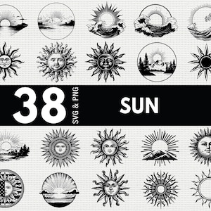 May include: A collection of 38 sun-themed SVG and PNG designs in black and white. The designs include suns with faces, sunbursts, and sunrise scenes. The word "SUN" is displayed in bold white text on a black background.