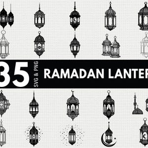 May include: Black and white illustrations of Ramadan lanterns in various designs. The image includes the text "35 Ramadan Lantern SVG & PNG". The lanterns have intricate patterns and are suitable for digital design projects.