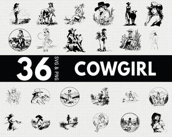 Pacote de imagens SVG e PNG de Cowgirl, Clipart de Silhueta de Cowgirl do Oeste, Arquivos de Corte Cricut para Rodeio
