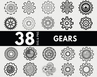 May include: A collection of 38 black and white gear designs in various styles. Some gears feature American flag and star designs. The word "GEARS" is displayed in white text on a black banner, with "38" in large numbers above it.