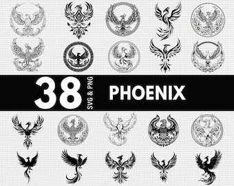 Paquete SVG PNG de fénix, silueta de pájaro de fuego, archivos de corte Cricut de criaturas míticas, fantasía