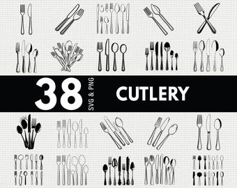 Cutlery SVG PNG Bundle, Fork Spoon Knife Silhouette Clipart, Kitchen Cricut Cut Files Vector