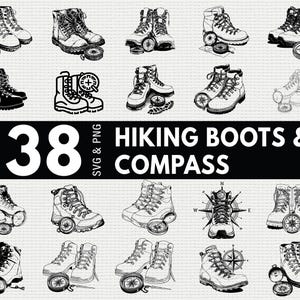 Puede incluir: Una colección de 38 ilustraciones en blanco y negro de botas de senderismo y brújulas. Las botas varían en estilo, y cada una está emparejada con una brújula. El texto "HIKING BOOTS & COMPASS" se muestra en negrita.