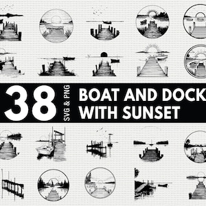 Op de afbeelding: Een verzameling van 38 zwart-wit SVG- en PNG-afbeeldingen met boot- en dokontwerpen met zonsondergangscènes. De afbeeldingen bevatten verschillende illustraties van dokken, boten en zonsondergangen.