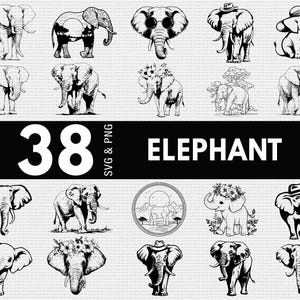 Può includere: Una collezione di 38 illustrazioni di elefanti in bianco e nero, in varie pose e stili. Alcuni elefanti indossano cappelli, occhiali o corone floreali. La parola "ELEPHANT" è visualizzata in bianco in grassetto, con "SVG & PNG" sotto.