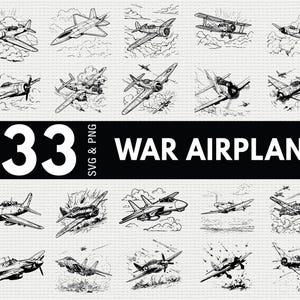 Könnte beinhalten: Eine Sammlung von 33 Schwarz-Weiß-Illustrationen von Kriegsflugzeugen in verschiedenen Stilen. Der Text "33 SVG & PNG WAR AIRPLANE" wird in einer fetten, serifenlosen Schrift angezeigt. Das Bild zeigt eine Vielzahl von Vintage- und modernen Flugzeugen.
