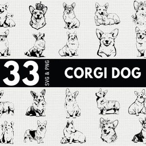 May include: A collection of 33 black and white illustrations of Corgi dogs in various poses. Some dogs are wearing accessories like glasses and crowns. The text "33 SVG & PNG CORGI DOG" is displayed in the center of the image.