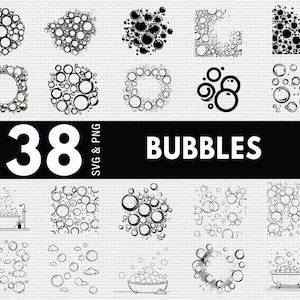 May include: A set of 38 black and white bubble designs in SVG and PNG formats. The image features diverse bubble arrangements, frames, and illustrations, with the word "BUBBLES" clearly visible.