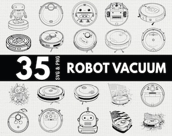 Paquete SVG de robot aspirador, silueta PNG de limpieza de casa inteligente, clipart de barredora robótica, tareas del hogar