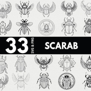 May include: A collection of 33 black and white scarab beetle illustrations in various designs. Some beetles have wings, others are detailed with patterns. The text "33 SVG & PNG SCARAB" is displayed in a black banner.