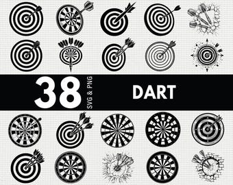 Puede incluir: Una colección de 38 diseños de dianas en blanco y negro, que incluyen dianas con dardos y varios estilos gráficos. La palabra "DART" se muestra en texto blanco en negrita, junto con "SVG & PNG".