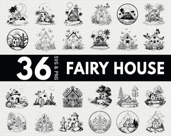 Fairy House Silhouette SVG-paket | Förtrollad älvträdgård PNG Cricut