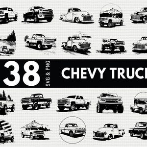 May include: A collection of 38 black and white Chevy truck illustrations in various styles. The image includes trucks with different designs, some with mountain and landscape backgrounds. The text "CHEVY TRUCK" is displayed prominently.