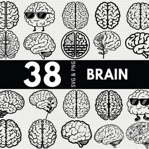 May include: A selection of 38 black and white brain illustrations in different styles. Some brains feature sunglasses, flowers, or are divided. The word "BRAIN" is shown in white text, alongside the number "38".