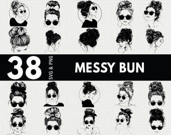 Messy Bun SVG PNG-paket, Mom Life Silhouette Clipart, Woman Hair Cricut-filer, Trendigt
