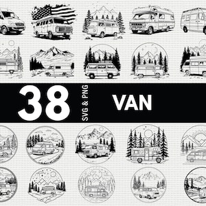 Pode incluir: Ilustrações a preto e branco de 38 vans em vários estilos, incluindo autocaravanas e carrinhas de carga. Alguns desenhos apresentam cenas de montanhas e florestas. A palavra "VAN" é exibida em letras grandes e em negrito. A imagem está rotulada como "SVG & PNG".